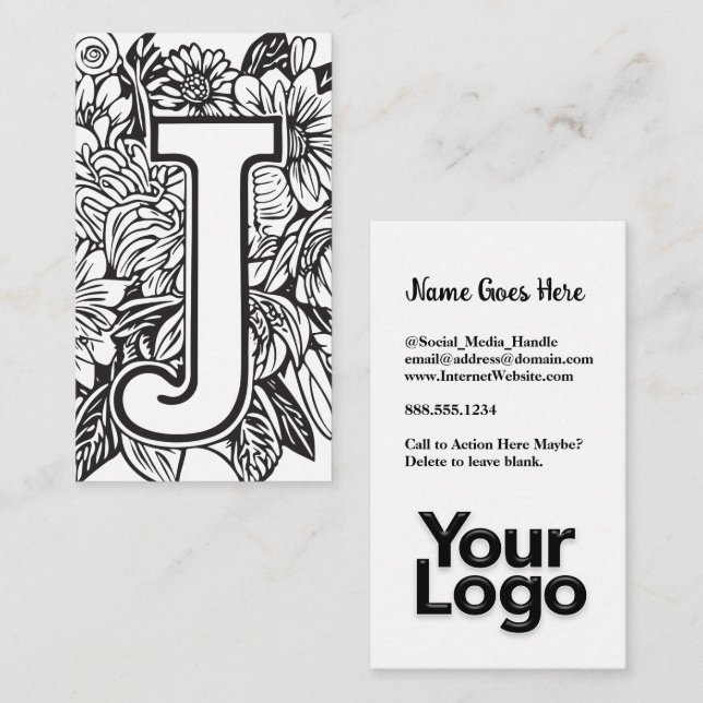 Monogrammed J Floral Black and White Company Logo  Business Card (Front/Back)