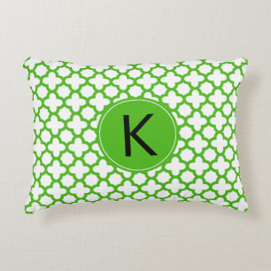 Monogrammed Kelly Green Quatrefoil Pattern Decorative Cushion