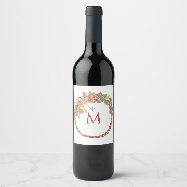Monogrammed Key & Wreath  Wine Label (Front)