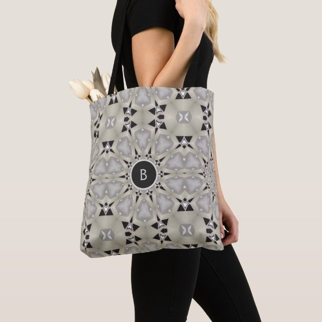 Monogrammed Khaki Tan Black Geometric Pattern Tote Bag (Close Up)