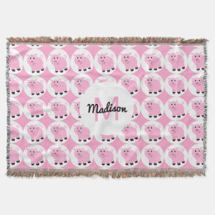 Monogrammed Kids Pink Pig Pattern Animal Throw Blanket