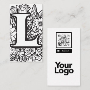 Monogrammed L Black and White Floral QR Code Logo Business Card