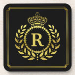 Monogrammed Laurel Wreath Crown Deco Black Gold Coaster<br><div class="desc">Decorate your home with this royalty-inspired,  personalised design in shades of black and gold. This elegant,  Art Deco inspired design includes a geometric frame in classy 20s style with a pretty laurel wreath and crown motif. Your custom monogram letter fills the centre.</div>