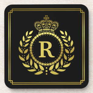 Monogrammed Laurel Wreath Crown Deco Black Gold Coaster