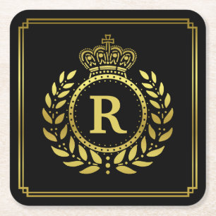 Monogrammed Laurel Wreath Crown Deco Black Gold Square Paper Coaster