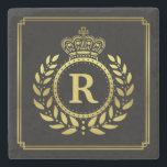 Monogrammed Laurel Wreath Crown Deco Black Gold Stone Coaster<br><div class="desc">Decorate your home with this royalty-inspired,  personalised design in shades of black and gold. This elegant,  Art Deco inspired design includes a geometric frame in classy 20s style with a pretty laurel wreath and crown motif. Your custom monogram letter fills the centre.</div>