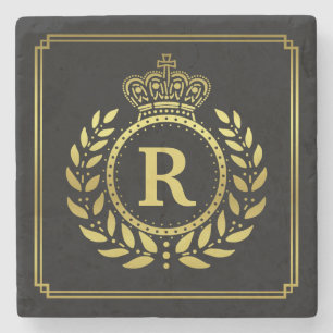 Monogrammed Laurel Wreath Crown Deco Black Gold Stone Coaster