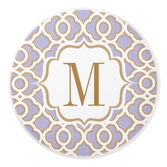 Monogrammed Lavender and Gold Moroccan Ceramic Knob (Front)