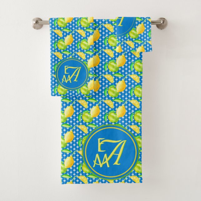 Monogrammed Lemon Tree Azure Blue Newlywed Decor Bath Towel Set (Insitu)