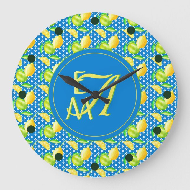Monogrammed Lemon Tree Azure Blue Newlywed Decor Large Clock (Front)
