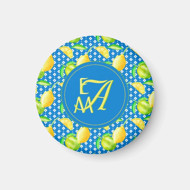 Monogrammed Lemon Tree Azure Blue Newlywed Decor Magnet (Front)
