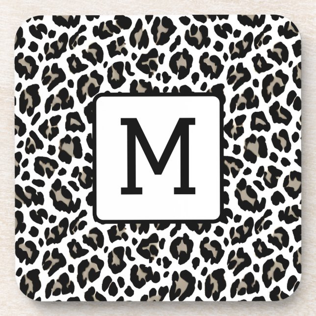 Monogrammed Leopard Print Black and White Coaster (Front)