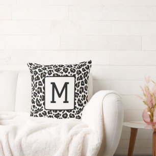 Monogrammed Leopard Print Black and White Cushion