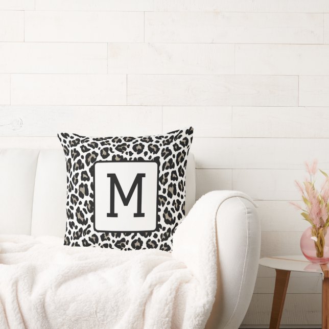 Monogrammed Leopard Print Black and White Cushion (Couch)