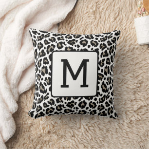 Monogrammed Leopard Print Black and White Cushion