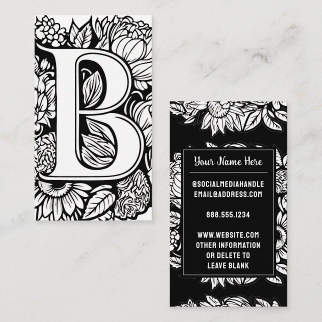 Monogrammed Letter B Black and White Floral Flower Business Card (Front/Back)