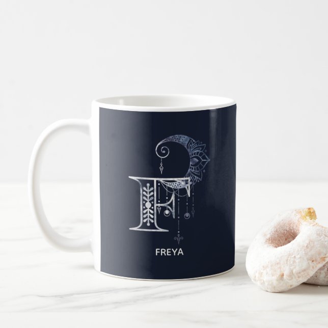 Monogrammed Letter F Boho Crescent Moon Mandala Coffee Mug (With Donut)