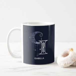 Monogrammed Letter I Boho Crescent Moon Mandala Coffee Mug