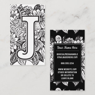 Monogrammed Letter J Black and White Floral Flower Business Card