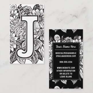 Monogrammed Letter J Black and White Floral Flower Business Card