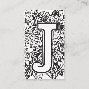 Monogrammed Letter J Simple Black and White Floral Business Card