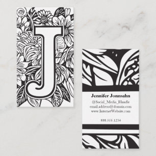 Monogrammed Letter J Simple Floral Black and White Business Card