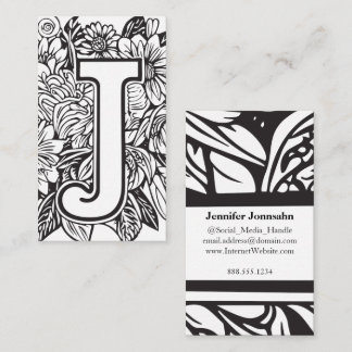 Monogrammed Letter J Simple Floral Black and White Business Card