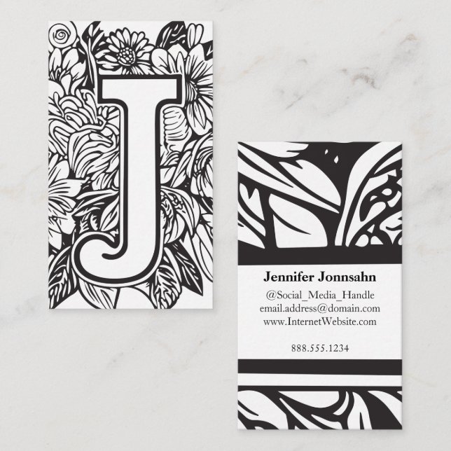 Monogrammed Letter J Simple Floral Black and White Business Card (Front/Back)