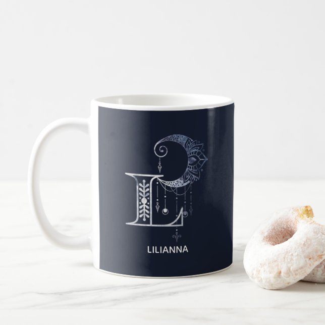 Monogrammed Letter L Boho Crescent Moon Mandala Coffee Mug (With Donut)