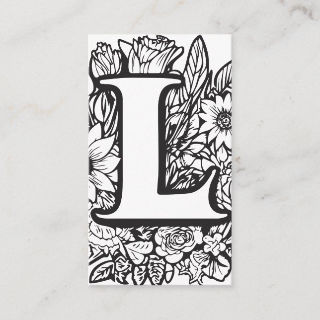Monogrammed Letter L Simple Black and White Floral Business Card (Front)