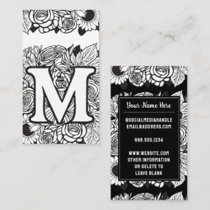 Monogrammed Letter M Black and White Floral Flower Business Card