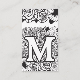 Monogrammed Letter M Simple Black and White Floral Business Card