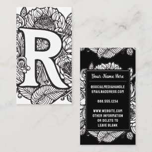 Monogrammed Letter R Black and White Floral Flower Business Card