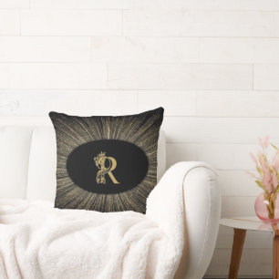 Monogrammed Letter R Black & Gold Throw Pillow