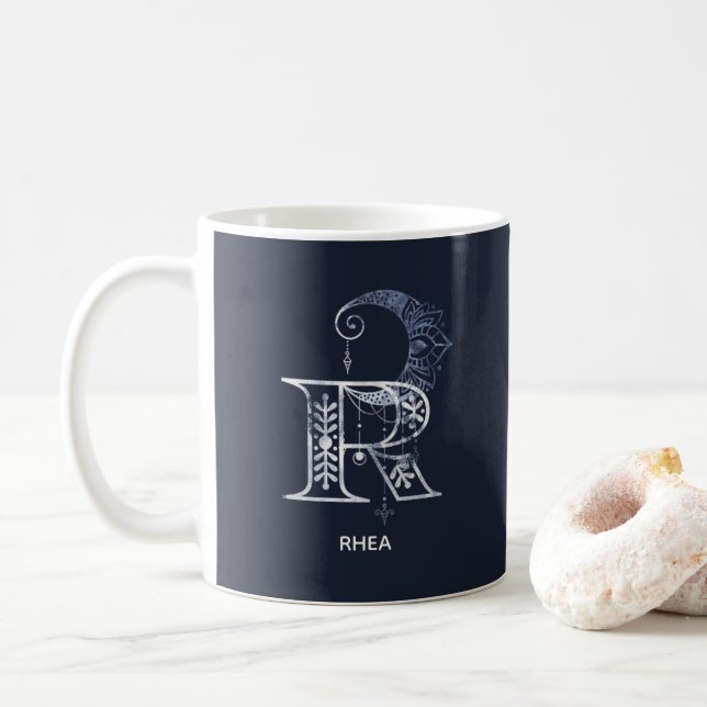 Monogrammed Letter R Boho Crescent Moon Mandala Coffee Mug (With Donut)