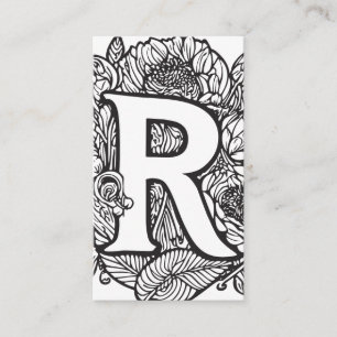 Monogrammed Letter R Simple Black and White Floral Business Card