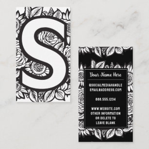 Monogrammed Letter S Black and White Floral Flower Business Card