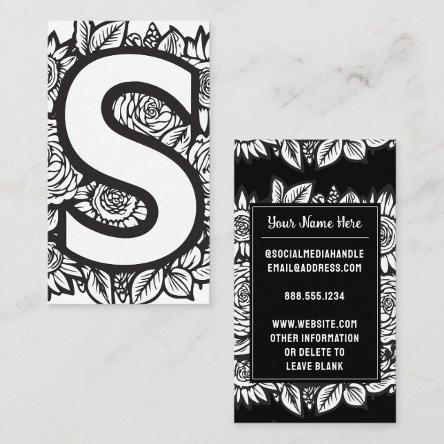 Monogrammed Letter S Black and White Floral Flower Business Card (Front/Back)