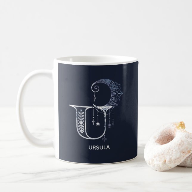 Monogrammed Letter U Boho Crescent Moon Mandala Coffee Mug (With Donut)