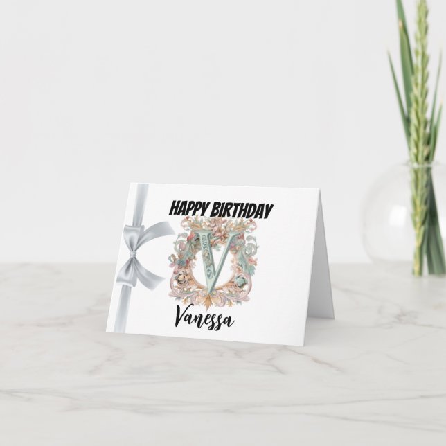 Monogrammed letter "V" Happy Birthday Card (Front)