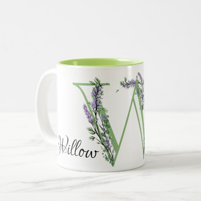 monogrammed letter W Lavender eucalyptus  Two-Tone Coffee Mug (Front Left)