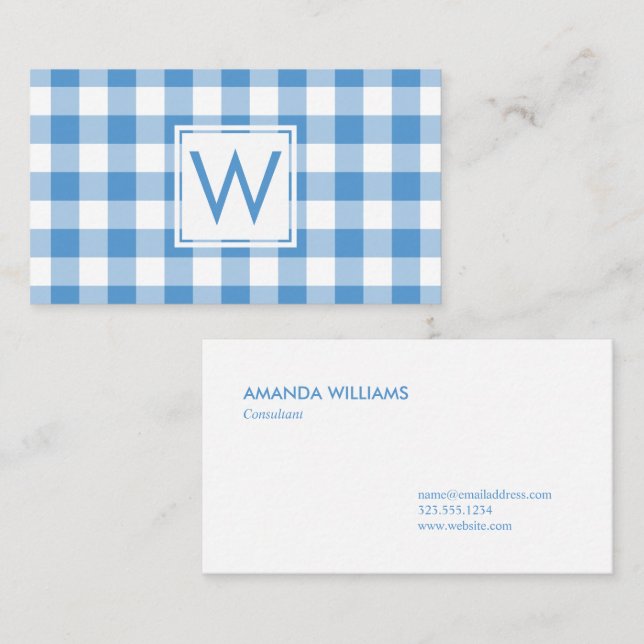 Monogrammed Light Blue White Gingham Plaid Pattern Business Card (Front/Back)