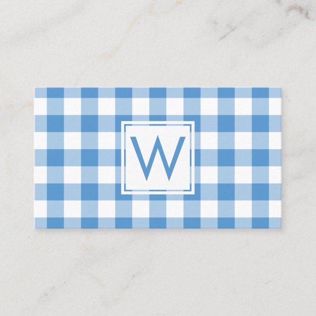 Monogrammed Light Blue White Gingham Plaid Pattern Business Card (Front)