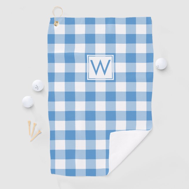 Monogrammed Light Blue White Gingham Plaid Pattern Golf Towel (InSitu)