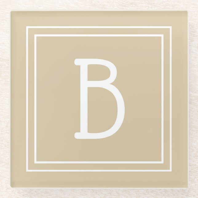 Monogrammed Light Brown Neutral & White Initial Glass Coaster (Front)