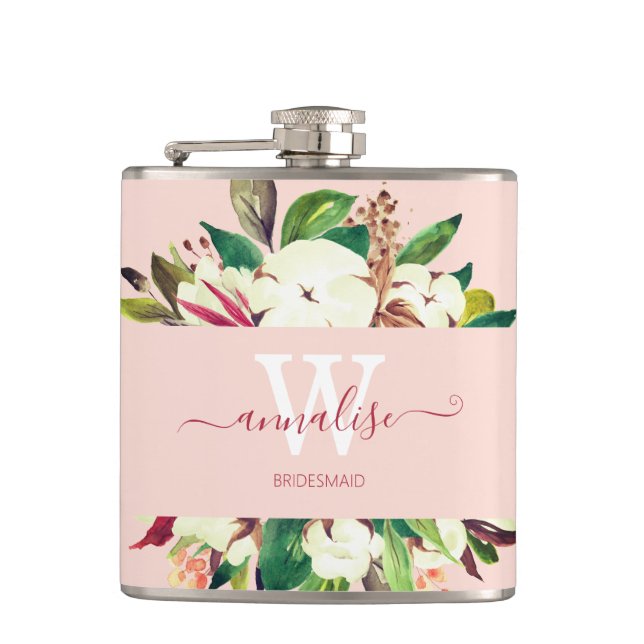 Monogrammed Light Pink Floral Bridesmaid Hip Flask (Front)