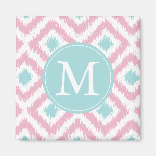 Monogrammed Light Pink Mint Diamonds Ikat Pattern Magnet