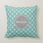 Monogrammed Light Teal Circle Pattern Cushion<br><div class="desc">Girly,  modern,  elegant light teal and white geometric circle pattern with a grey customisable nameplate for your monogram initial letter and first name. A cool gift for women that love trendy designer patterns and personalised designs.</div>