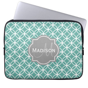Monogrammed Light Teal Circle Pattern Laptop Sleeve