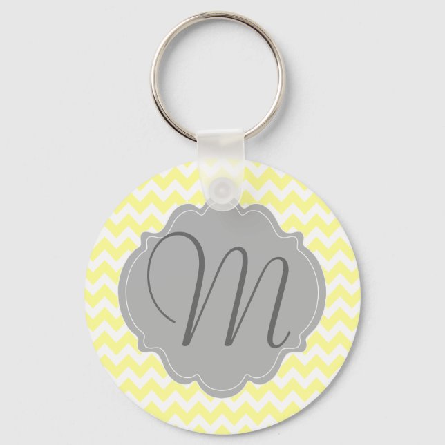 Monogrammed Light Yellow and Grey Chevron Pattern Key Ring (Front)